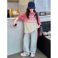 Girls' summer fashion 2024 new big children's short sleeved letter top jeans student style two-piece set