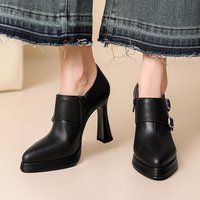 European Style Ankle Deep Mouth Single Shoes For Women Autumn Winter New Side Zipper Square Buckle Pointed High Heel