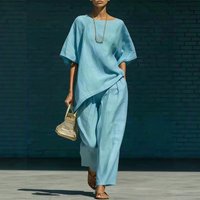 Wrinkle Textured Two Piece Set Relaxed Fit Short Sleeve Top Asymmetrical Hem Wide Leg Pants