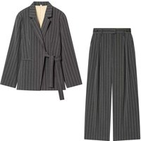 Women's Grey Pinstripe Blazer & Wide-Leg Pants Set – Elegant Office Suit With Belted Waist (Chic Two-Piece Formal Outfit, Professional & Stylish)