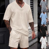Men's Clothing Casual V-Neck Short Sleeve T-Shirt & Shorts Set - Breathable Polyester Blend, Solid Color & Jacquard Design, Lightweight Summer Outfit