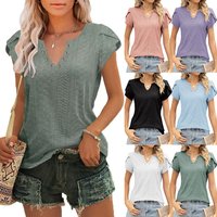 Clothing V neck Button Hollow Loose Short Sleeve T shirt Tops