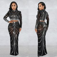 Women's Clothing Mesh Mesh See Through Long Sleeved Long Skirt Two Piece Set
