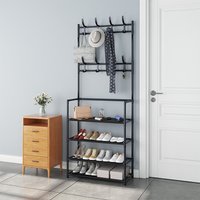 Shoe Rack & Coat Stand 4 5 Tier Adjustable Entryway Organizer Metal Frame Optional Fabric Side Panels Modern Black White
