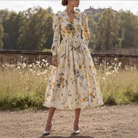 Retro Casual Women's V Neck Long Sleeve Dress Printed Thin Lanon Fabric For Summer Fashionable England Style
