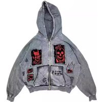 Clothing Street Retro Devil Print Patch Heavy Loose Hooded Sweatshirt