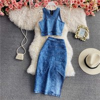 Clothing Spring Slim Fit Zipper Short Denim Camisole Two Piece Suit