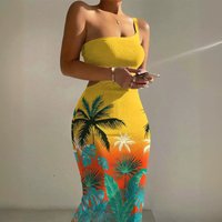tropical plant print one shoulder hollow slim dress