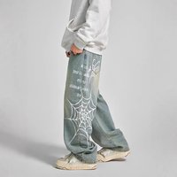 Clothing High Street Ins Same Style Trendy Brand Personality Spider Web Print Jeans Straight Wide Leg Casual Trousers