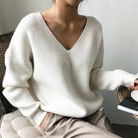 Clothing autumn winter V neck long sleeve loose lazy style simple hem pullover knitted sweater bottoming sweater