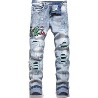 Men Snake Embroidery Jeans Streetwear Pleated Patch Slim Tapered Pants Ripped Distressed Stretch Denim Trousers