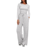 Clothing Elegant Casual Set Pleated Top High Waisted Wide Leg Pants – Wrinkle Free Polyester Comfortable Lounge & Sportswear