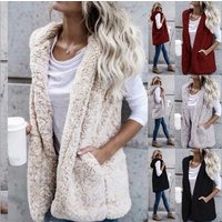 Women's Fashion Solid Color Sleeveless Hooded Pocket Vest Plush Vest