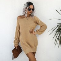 Off Shoulder Knit Sweater Dress Lantern Sleeves Casual Winter Dress Fall & Winter Slim Fit Pencil Dress Solid Colors