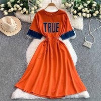 Women's Clothing Temperament Letter Print Splicing Denim Short Sleeved Dress Women's Summer Drawstring Waist Slim Knitted Mid Length Skirt