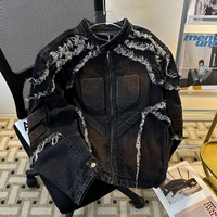  Distressed Embroidered Denim Jacket Shoulder Pads Retro Style Biker Coat Stand Collar Loose Fit Casual Outerwear