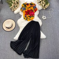 printed pleated top two piece set high waisted slimming wide leg pants