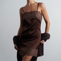 Lace & Satin Camisole Dress – Sexy Floral Slip Dress – Stretch Polyester – Coffee Beige 