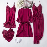 Underwear Pajamas Summer Ice Silk Sexy Suspenders Nightdress Chest Pads Simulation Silk Satin Nightgown Five Piece Suit Home Clothes