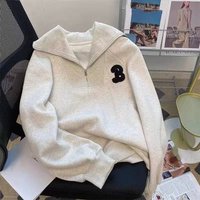 Clothing half zip long sleeved sweatshirt autumn thin retro loose design top coat trendy