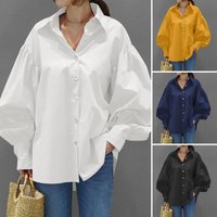 Clothing Casual Shirts Casual Lantern Sleeve Lapel Tops Retro Solid Tops Office Shirts