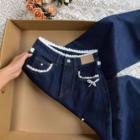 Clothing Retro Dark Blue Lace Jeans Autumn Lace High Waist Straight Loose Trousers