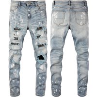 Men's Clothing Graffiti Slim High Street Jeans Paint Diamond Hole Patch Pants