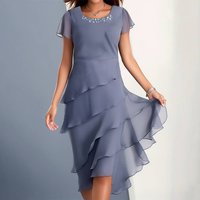 Women’s Clothing Summer Dress Splicing Chiffon Round Neck Short Sleeved Dress