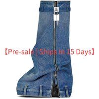 【Pre sale Ships 15 Days】Chunky Heel Denim Cowboy Boots Round Toe Slip On Fringe Detail Black Blue Light Blue Sizes 35 46