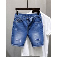 Men's Trendy Embroidered Ripped Denim Shorts mid Length Distressed Retro Style Loose Straight Leg Five Pocket Pants