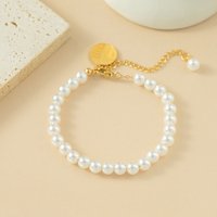 Fashion Stainless Steel Chain String Pearl Bracelet China Fu Character Round Brand Pendant Bracelet Jewelry