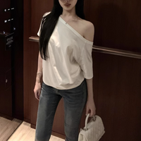 Summer Irregular Solid Oblique Shoulder T Shirt Short Sleeve Loose Top Casual Versatile Student Wear Hot 2025