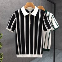 Men's Striped Short-Sleeve Knit Polo Shirt – Slim Fit Breathable Cotton Blend – Black & White Color Options – Sizes M/L/XL/XXL/XXXL