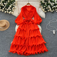 Clothing Skirt Spring Dress High End Retro Lapel Lantern Sleeve Waist Ruffle Pleated Dress