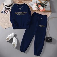 Plus Velvet Sweatshirt Set Long Sleeve Round Neck Pullover Top Pants Loose Fit Warm Sports Tracksuit Fall Winter