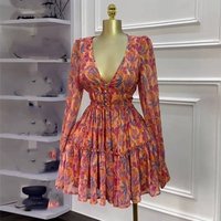 Clothing Spring Sweet Fresh Print V Neck High Waist Slim Dress Short Skirt