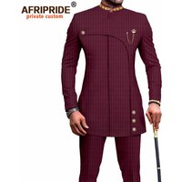 Men's Slim Fit African Print Two-Piece Set – Breathable Polyester Muslim Prayer Outfit