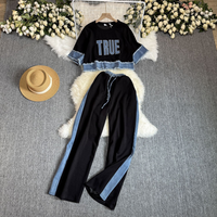 Women's Clothing Short Sleeve Top Wide Leg Trousers Contrast Color Two Piece Sports Leisure Suit For Women