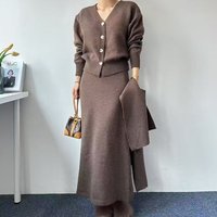 Korean Style Large Knitted Shawl Autumn Winter Fashion Temperament Open Back Top Skirt Suit Set