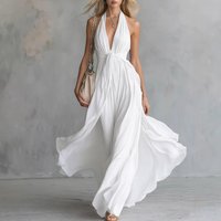 Summer Solid V Neck Sleeveless Slimming Dress European American Style Sexy Waist Design Hot Selling