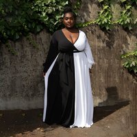 sexy V neck contrast long sleeved swing dress