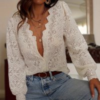 Sheer Lace V-Neck Blouse For Women – Oversized Long Sleeve Shirt With Sexy Cutout Detail | Solid Color Streetwear Top | S-XXL (Beige Only)