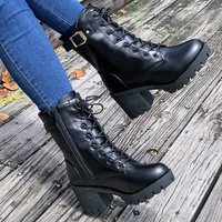 Chunky Heel Martin Boots British Style Mid Calf Boots Side Zipper Slip Resistant PU Leather Casual Winter Boots