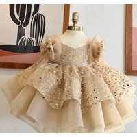 Gold Sequin Tulle Bow Dress – Short Sleeve Princess Party Dress Weddings & 1st Birthday 