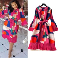 Clothing retro high end pleated print summer loose slim casual pleated waist mid length dress