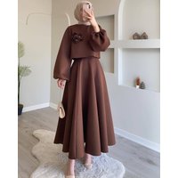Middle East Dubai Spot New Fashion Loose Lantern Long Sleeved Flower Top Dress Women's Skirt Two Piece Set