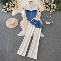 Clothing Design Short Sleeved T Shirt Patchwork Denim Top High Waist Casual Straight Pants Two Piece Suit