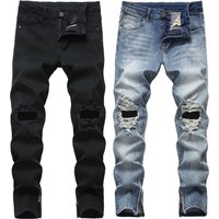 Clothing Zipper Ripped Jeans Trousers Zipper Denim Stretch Trousers