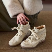High Heel Platform Casual Shoes round Toe Lace up Suede Cowhide Genuine Leather Spring Style