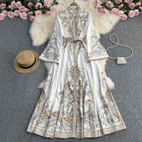 Clothing Spring autumn retro stand collar trumpet sleeve printed dress female ins palace style large swing knee length skirt